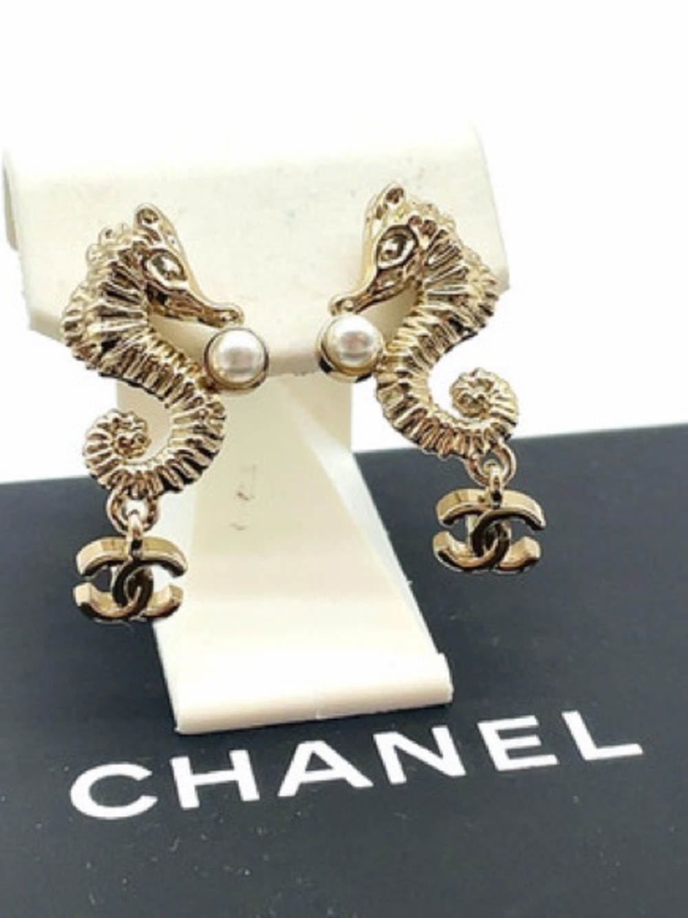 Authentic CHANEL Gold Seahorse Pearl Drop Earrings with CC Charm Gift packaging